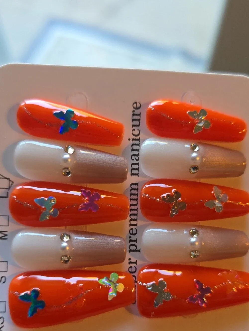 Orange Butterfly Press-On Nail Set by Size Large